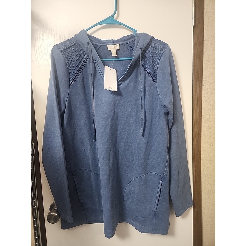 LOGO Life by Lori Goldstein French Terry Hoodie with Pintuck  Blue S NWT